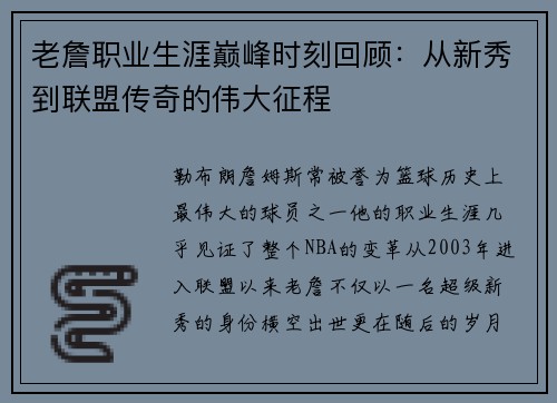 老詹职业生涯巅峰时刻回顾：从新秀到联盟传奇的伟大征程